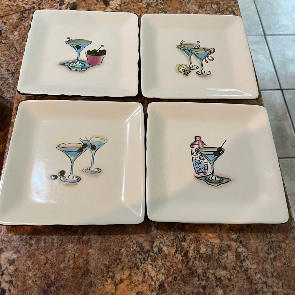 Pottery Barn small plates with martini motifs.
